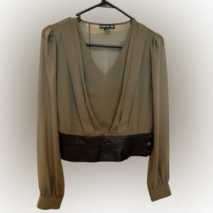 Army green v-neck blouse